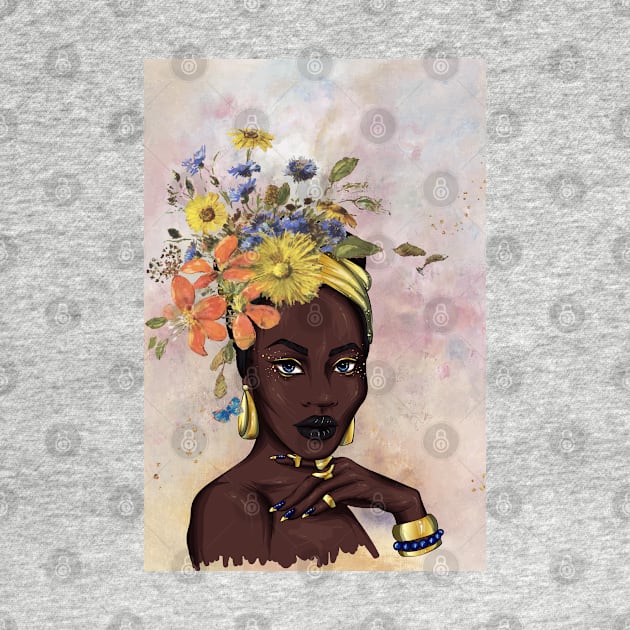 A beautiful black african woman with blooming flowers on head modern art painting female blue eyes by Modern Art